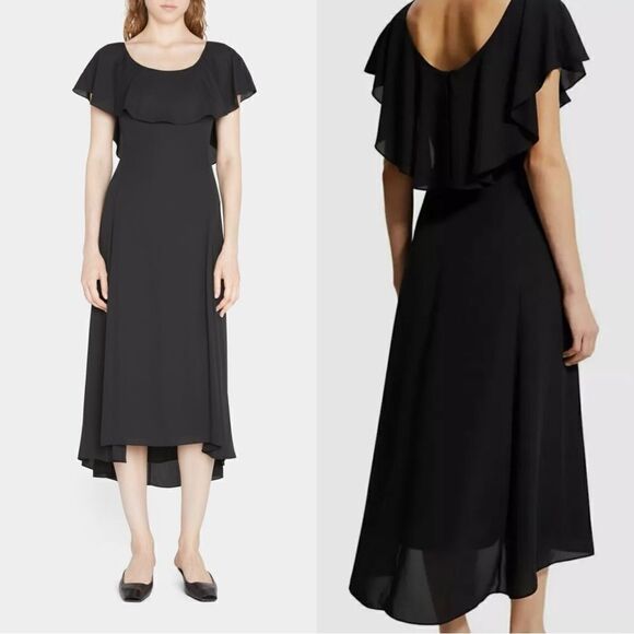 Theory Scoop Ruffle Midi Black Dress Size 4 - Picture 1 of 13